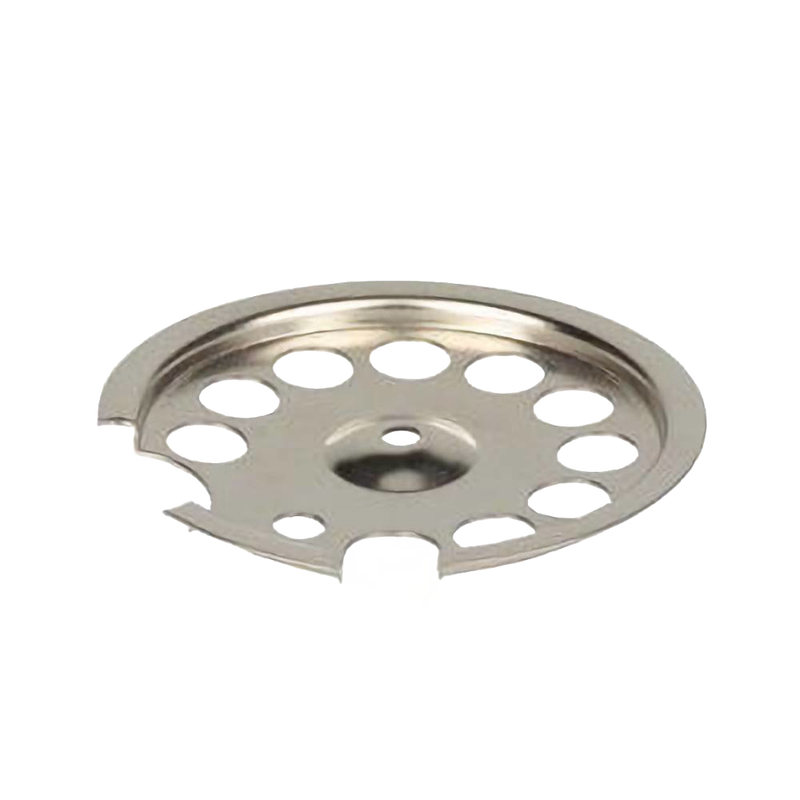 Handcrafted polished chrome central bottom plate with multiple circular cutouts, designed to connect tank and lantern frame, ideal for Lamps & Lighting and Parts and Accessories collections.