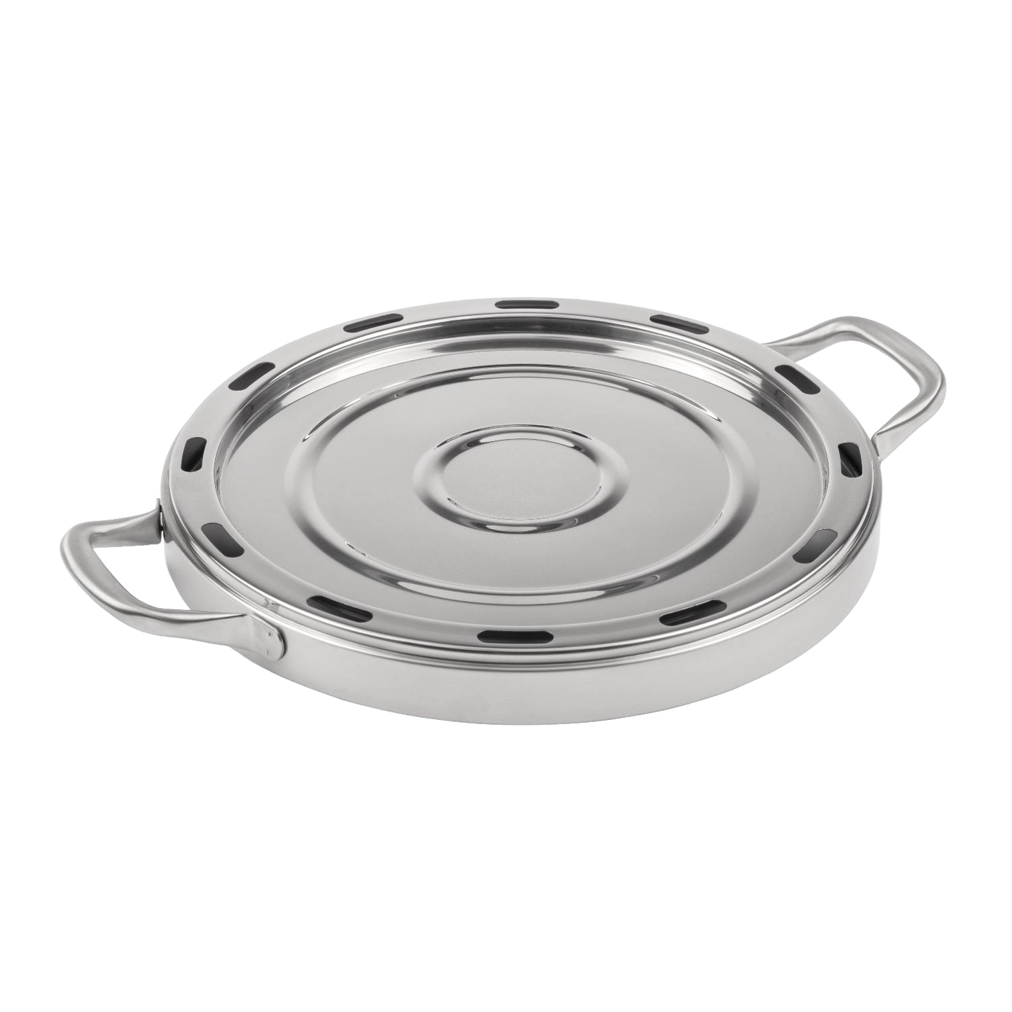 Round stainless steel baking tray with handles and ventilation slots, designed for achieving crispy pizza and versatile cooking in camping ovens, featured in Farm, Garden & Tool, Camping, and Best Sellers collections.