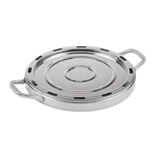 Round stainless steel baking tray with handles and ventilation slots, designed for achieving crispy pizza and versatile cooking in camping ovens, featured in Farm, Garden & Tool, Camping, and Best Sellers collections.