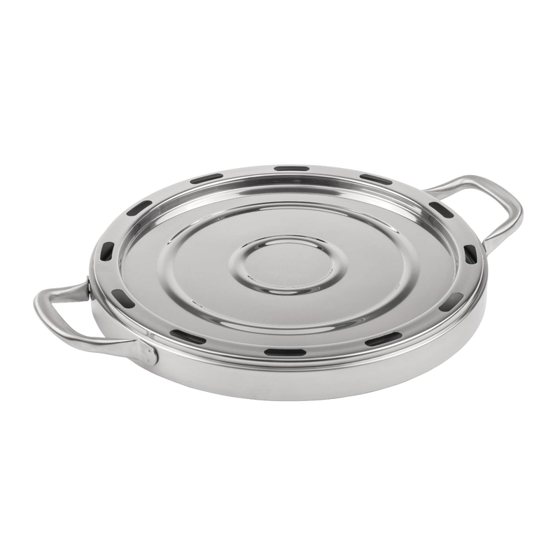 Round stainless steel baking tray with handles and ventilation slots, designed for achieving crispy pizza and versatile cooking in camping ovens, featured in Farm, Garden & Tool, Camping, and Best Sellers collections.
