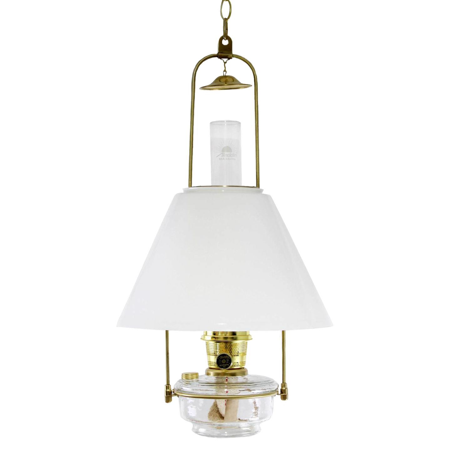 Clear glass hanging lamp with brass tilt-frame hanger and white shade, designed for easy refilling, featured in Farm, Garden & Tool, Lamps & Lighting, and Hanging Lamps collections.