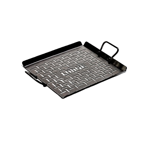 Square seasoned steel grilling pan with open grid design and handles, made in USA for outdoor cooking, camping, and grilling in farm, garden, and stove collections.
