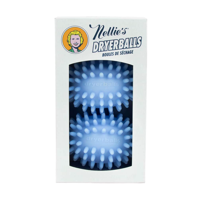 White spiked dryer balls visible through a rectangular window on packaging with a vintage-style logo, designed for Home & Decor and Laundry Supplies collections.