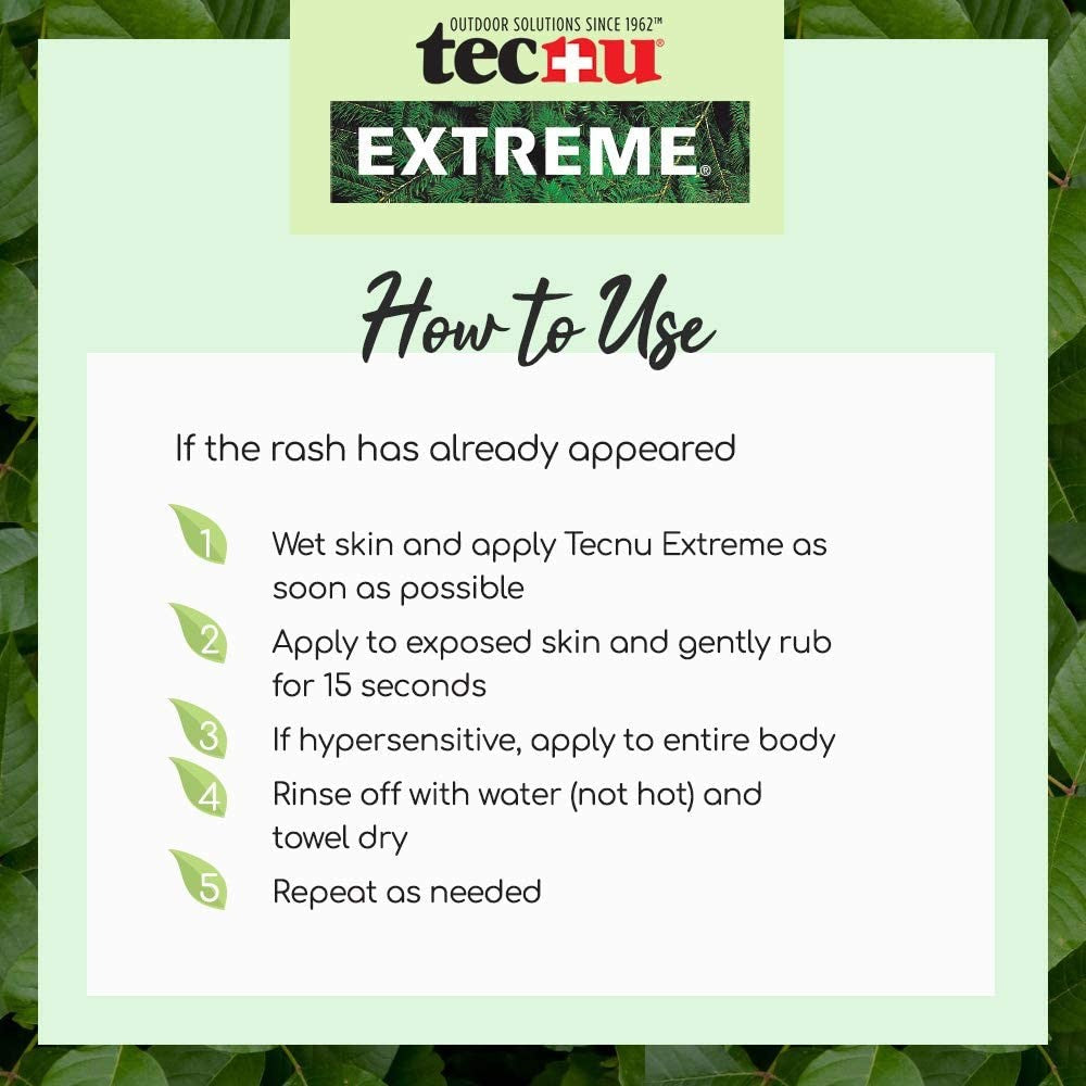 Instruction card for using medicated scrub to relieve poison ivy rash, detailing five steps including wetting skin, applying scrub, rubbing gently, rinsing with cool water, and repeating as needed, set against a green leaf background.