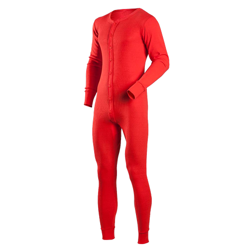 Handcrafted men's classic union suit in bright red, made from 100% cotton thermals with a smooth 1x1 rib knit and full button front, featured in Health & Wellness and Clothing & Accessories collections.