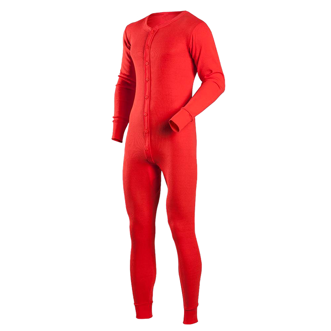 Handcrafted men's classic union suit in bright red, made from 100% cotton thermals with a smooth 1x1 rib knit and full button front, featured in Health & Wellness and Clothing & Accessories collections.