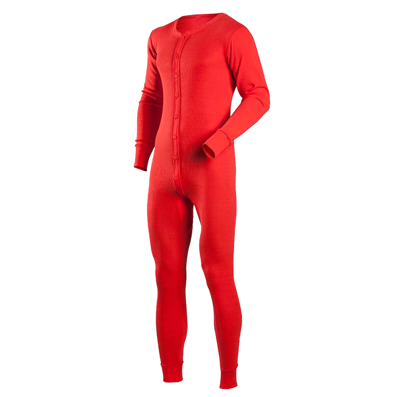 Handcrafted men's classic union suit in bright red, made from 100% cotton thermals with a smooth 1x1 rib knit and full button front, featured in Health & Wellness and Clothing & Accessories collections.