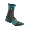 Women's micro crew sock in teal and gray shades with a stylized bear graphic, lightly cushioned and breathable, ideal for camping, hiking, and outdoor activities in Health & Wellness and USA Made collections.