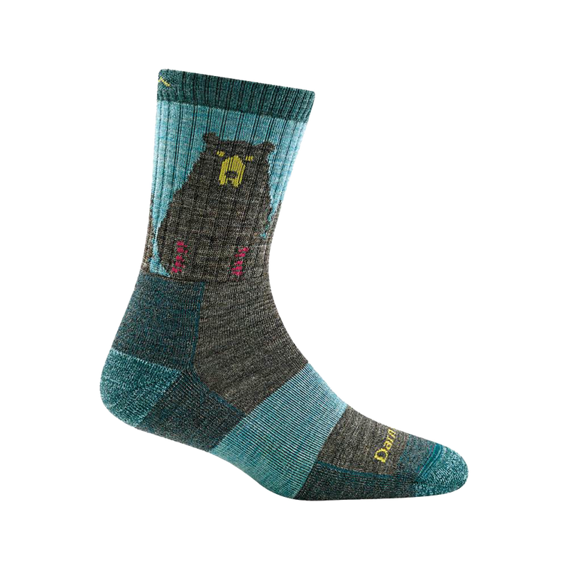Women's micro crew sock in teal and gray shades with a stylized bear graphic, lightly cushioned and breathable, ideal for camping, hiking, and outdoor activities in Health & Wellness and USA Made collections.