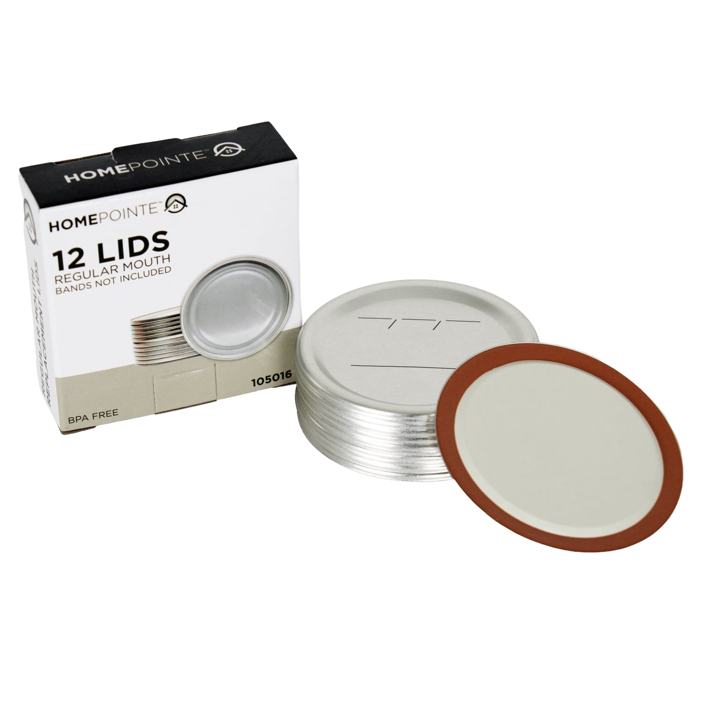 Pack of twelve silver-toned regular-mouth canning lids with brown BPA-free sealing compound rings, featuring simple labeling lines, ideal for Kitchen & Food and Food Preservation collections.