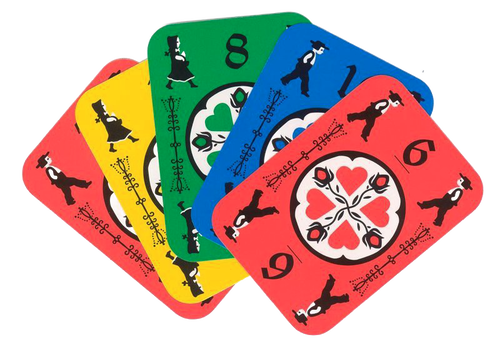 Fan of five colorful cards with playful illustrations and numbers, designed for quick-paced family card games in Toys, Books & Games and Children’s Toys collections.