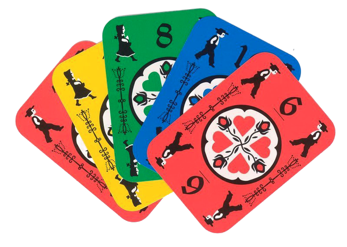 Fan of five colorful cards with playful illustrations and numbers, designed for quick-paced family card games in Toys, Books & Games and Children’s Toys collections.