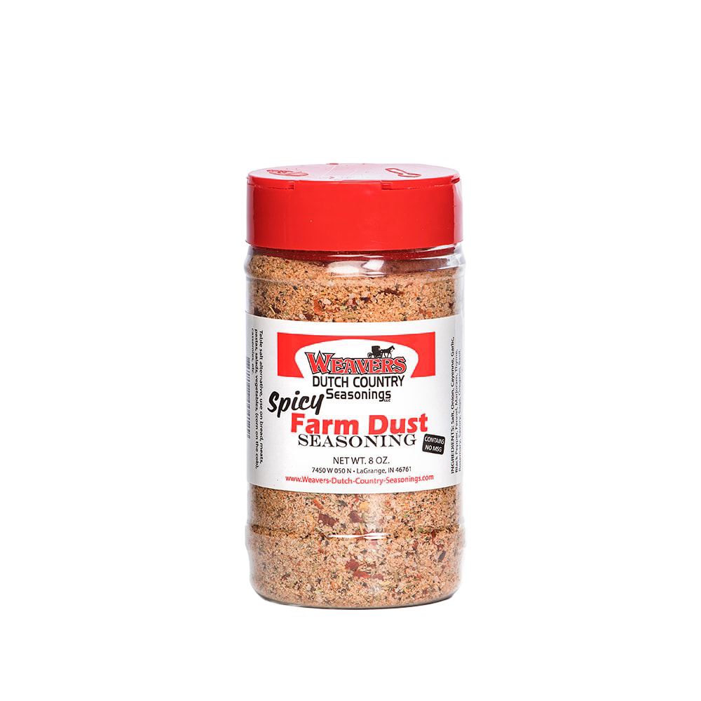 Clear plastic shaker bottle with red cap containing spicy seasoned meat dust, labeled for Kitchen & Food, Pantry, USA Made, Best Sellers, and Promo Eligible collections.