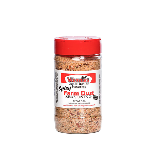 Clear plastic shaker bottle with red cap containing spicy seasoned meat dust, labeled for Kitchen & Food, Pantry, USA Made, Best Sellers, and Promo Eligible collections.