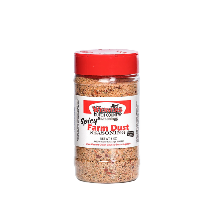 Clear plastic shaker bottle with red cap containing spicy seasoned meat dust, labeled for Kitchen & Food, Pantry, USA Made, Best Sellers, and Promo Eligible collections.