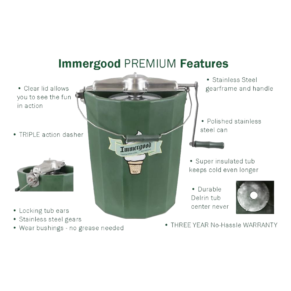 Handcrafted Amish-made green ice cream freezer with polished stainless steel canister and lid, sturdy handle, and crank, featured in Kitchen & Food, Specialty Equipment, and USA Made collections.