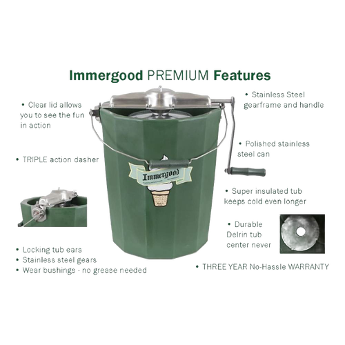 Handcrafted Amish-made green ice cream freezer with polished stainless steel canister and lid, sturdy handle, and crank, featured in Kitchen & Food, Specialty Equipment, and USA Made collections.