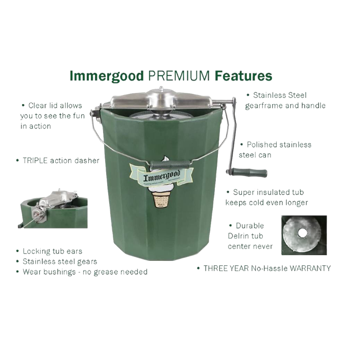 Handcrafted Amish-made green ice cream freezer with polished stainless steel canister and lid, sturdy handle, and crank, featured in Kitchen & Food, Specialty Equipment, and USA Made collections.