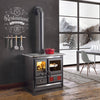 Steel wood-burning cook stove with polished cooking surface, dual glass doors showing fire and oven, removable ash drawer, and cast iron hearth, featured in Stoves and Cookstoves collections.