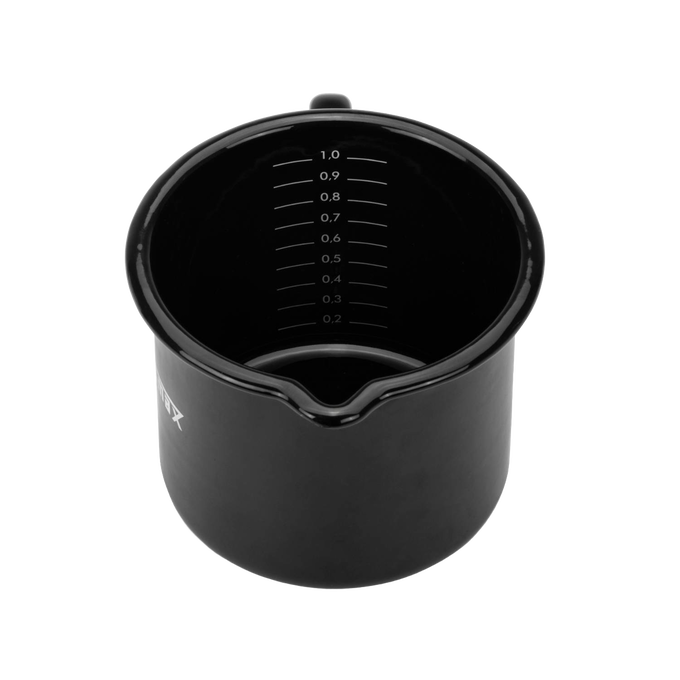 Lightweight black enameled steel milk pot with clear volume markings and precise pour spout, designed for durable outdoor cooking in camping, kitchen, and cookware collections.