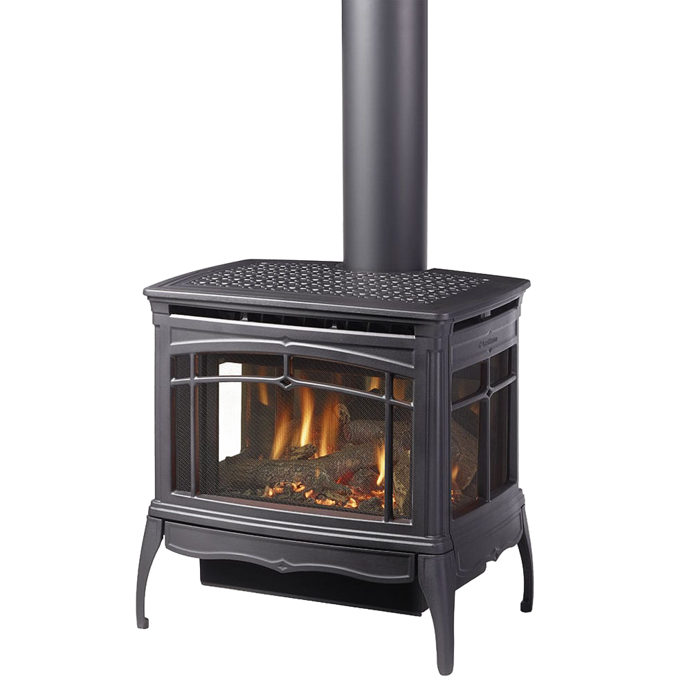 Large freestanding gas stove with three-sided glass panels and reflective interior glass, featuring lively flames and a dark enamel finish, ideal for warmth and ambiance in stoves, heatstoves, and best sellers collections.