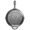 Top view of a handcrafted cast iron skillet featuring a stamped "Authentic Yellowstone" emblem, made in USA, ideal for Kitchen & Food and Cast Iron cookware collections.