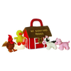 Set of soft plush farm animals including a duck, pig, cow, and rooster with a red fabric barn playhouse, designed for children's toys, indoor play, and best sellers collections.
