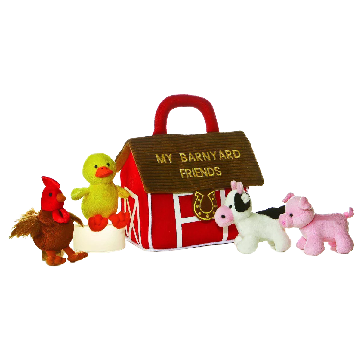 Set of soft plush farm animals including a duck, pig, cow, and rooster with a red fabric barn playhouse, designed for children's toys, indoor play, and best sellers collections.