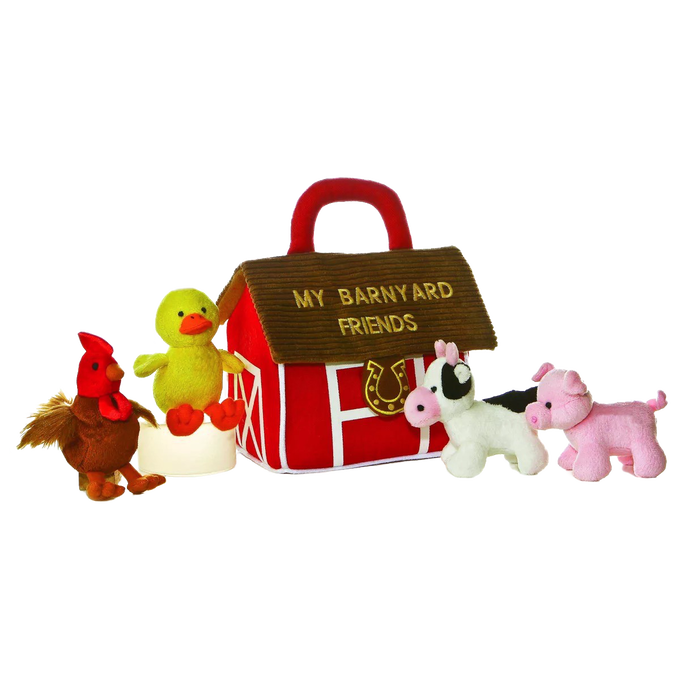 Set of soft plush farm animals including a duck, pig, cow, and rooster with a red fabric barn playhouse, designed for children's toys, indoor play, and best sellers collections.