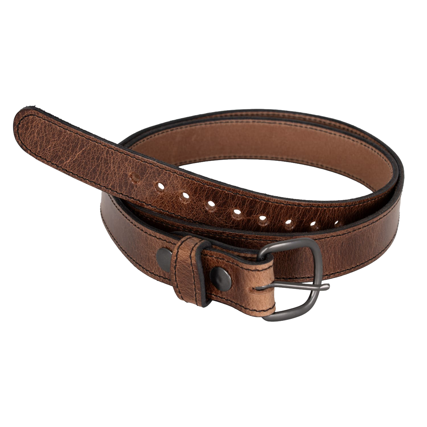 Handcrafted Amish-made brown leather belt with sturdy metal buckle, 1-1/4 inch wide, designed for everyday wear, featured in Clothing and Accessories, USA Made, Amish Made, and Best Sellers collections.