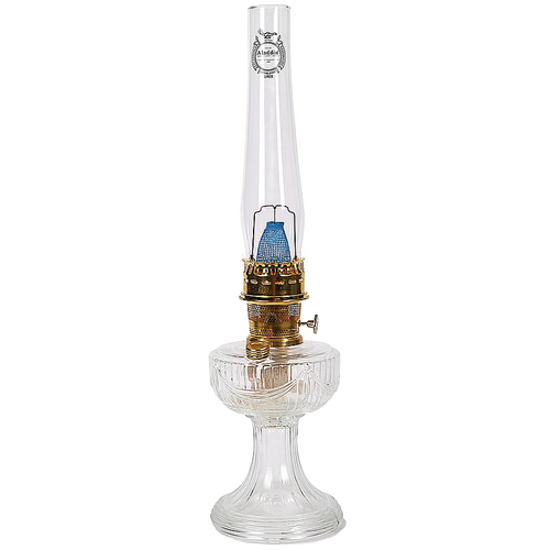 Handcrafted clear glass oil lamp featuring an antique-inspired design with brass burner, part of Lamps & Lighting, Oil Lamps, Table Lamps, Best Sellers, and Promo Eligible collections.
