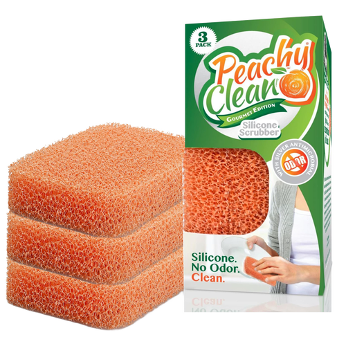Set of three peach-colored silicone dish scrubbers designed for gentle, odor-resistant cleaning, featured in Home & Decor, Household Cleaning, and USA Made collections.
