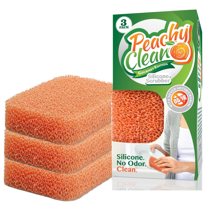 Set of three peach-colored silicone dish scrubbers designed for gentle, odor-resistant cleaning, featured in Home & Decor, Household Cleaning, and USA Made collections.