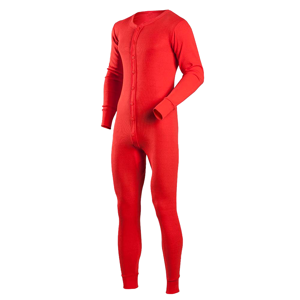 Handcrafted men's one-piece cotton thermal union suit in vibrant red with smooth 1x1 rib knit and full button front, featured in Health & Wellness, Clothing and Accessories, Best Sellers, and Promo Eligible collections.