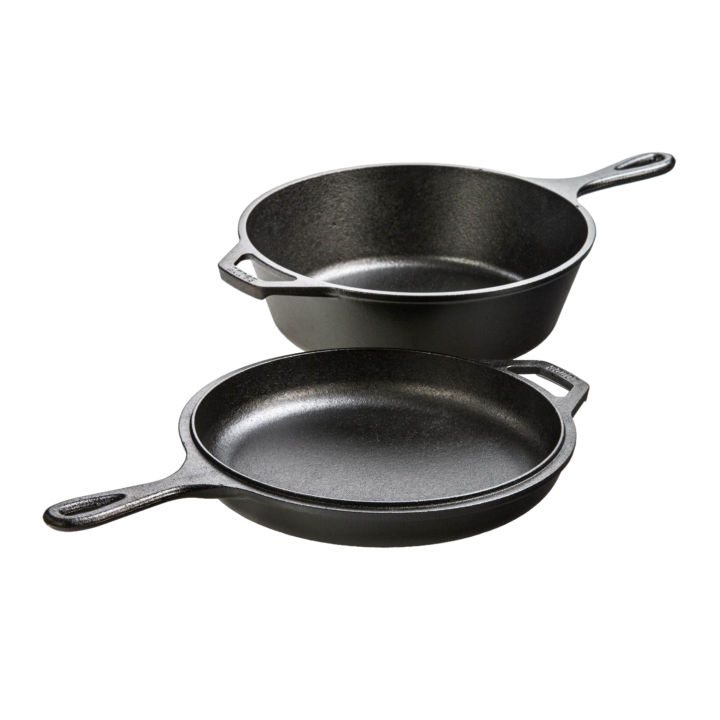 Two-piece cast iron cookware set featuring a deep 3-quart skillet and a shallow griddle lid, handcrafted and made in USA, ideal for Kitchen & Food, Cast Iron, and Cookware collections.