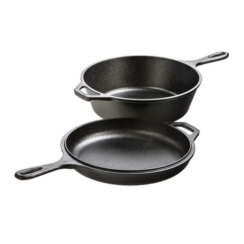 Two-piece cast iron cookware set featuring a deep 3-quart skillet and a shallow griddle lid, handcrafted and made in USA, ideal for Kitchen & Food, Cast Iron, and Cookware collections.