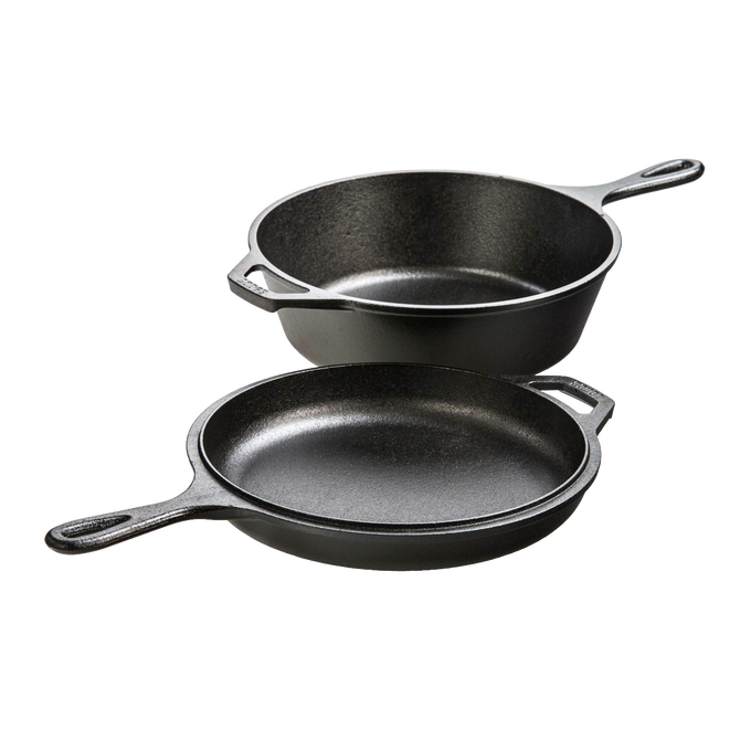 Two-piece cast iron cookware set featuring a deep 3-quart skillet and a shallow griddle lid, handcrafted and made in USA, ideal for Kitchen & Food, Cast Iron, and Cookware collections.