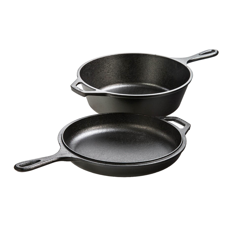 Two-piece cast iron cookware set featuring a deep 3-quart skillet and a shallow griddle lid, handcrafted and made in USA, ideal for Kitchen & Food, Cast Iron, and Cookware collections.