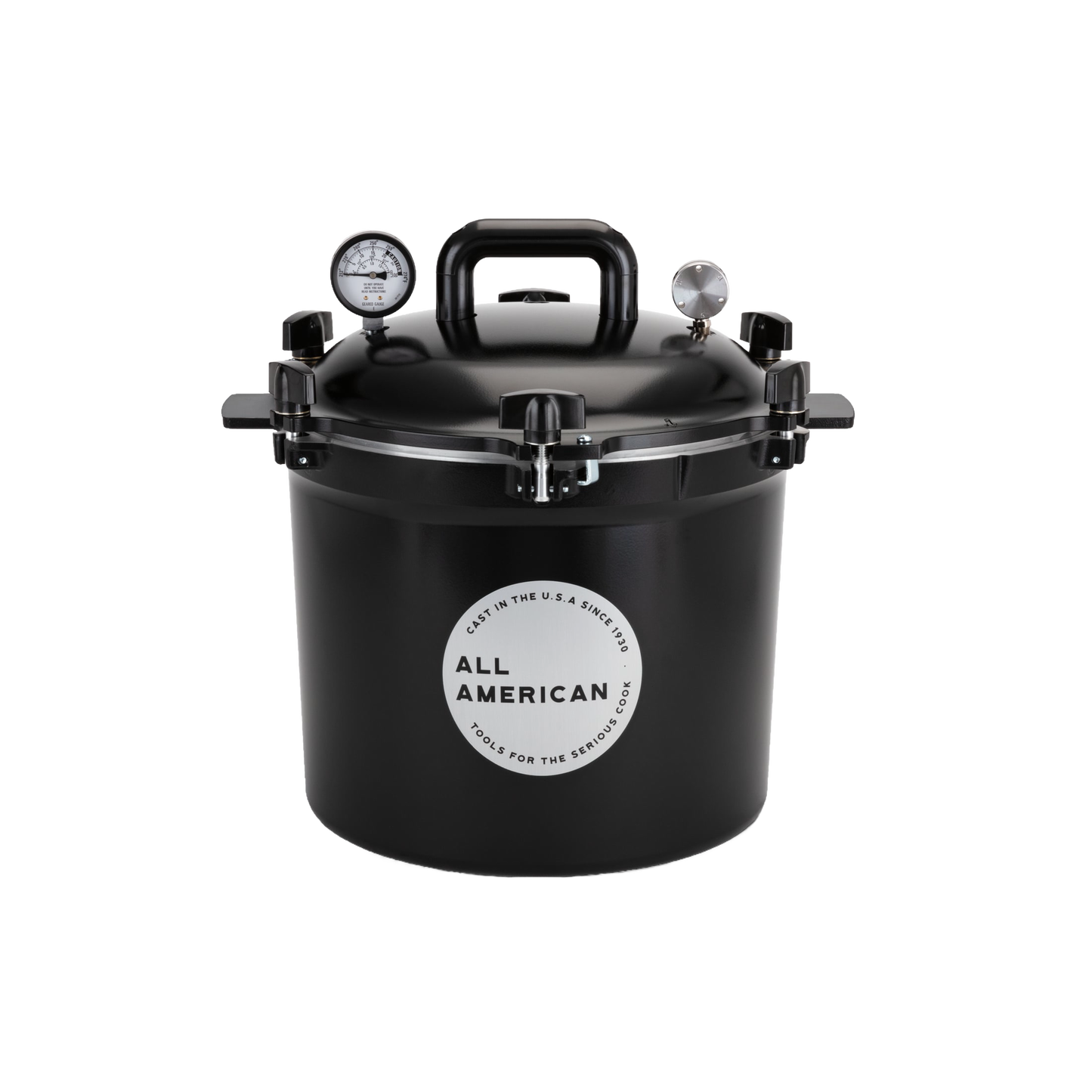 Matte black 21.5-quart pressure canner with secure locking lid, built-in pressure gauge, and sturdy handle, handcrafted in USA for Kitchen & Food, Food Preservation, Canning, Pressure Canners, and USA Made collections.
