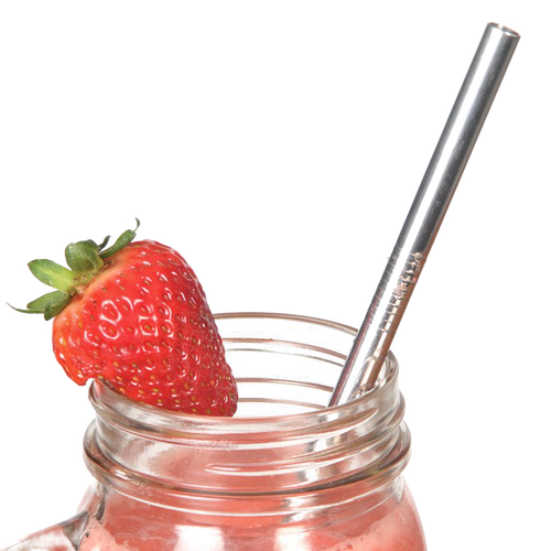 Polished stainless steel reusable straw inserted in a glass jar filled with a pink smoothie, garnished with a fresh strawberry; ideal for Kitchen & Food, Dinnerware, Kitchen Gadgets, Kitchen Accessories, Best Sellers, and Promo Eligible collections.