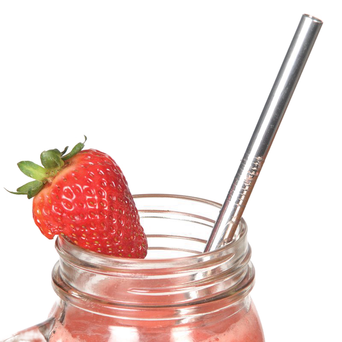 Polished stainless steel reusable straw inserted in a glass jar filled with a pink smoothie, garnished with a fresh strawberry; ideal for Kitchen & Food, Dinnerware, Kitchen Gadgets, Kitchen Accessories, Best Sellers, and Promo Eligible collections.