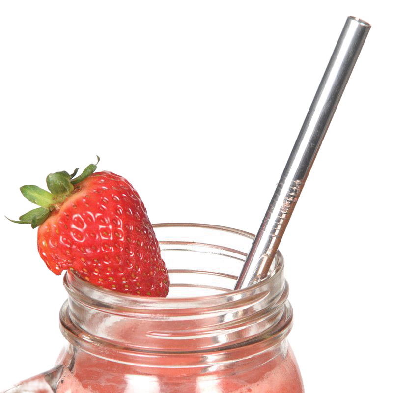 Polished stainless steel reusable straw inserted in a glass jar filled with a pink smoothie, garnished with a fresh strawberry; ideal for Kitchen & Food, Dinnerware, Kitchen Gadgets, Kitchen Accessories, Best Sellers, and Promo Eligible collections.