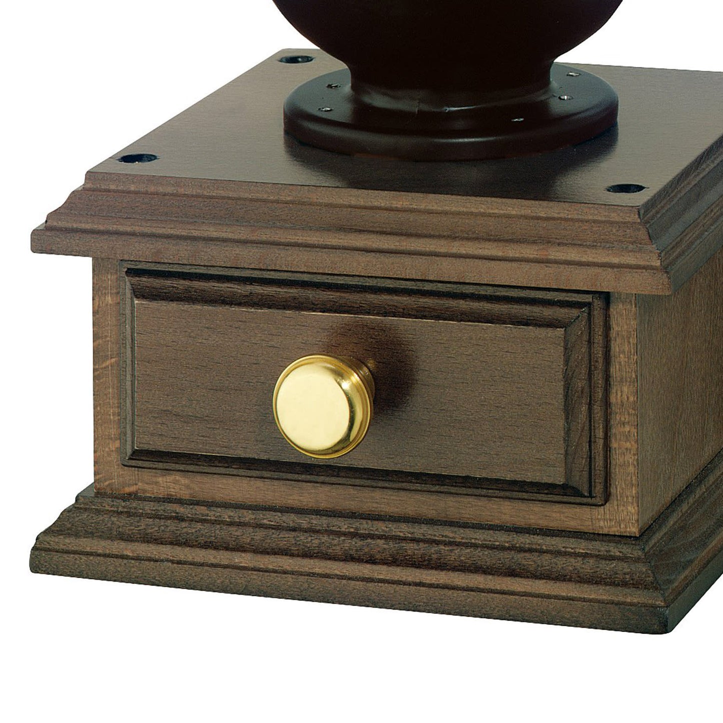 Close-up of the wooden base and small drawer with a polished brass knob on a large-capacity manual coffee grinder, suited for Farm, Garden & Tool and Brewing Coffee and Tea collections.