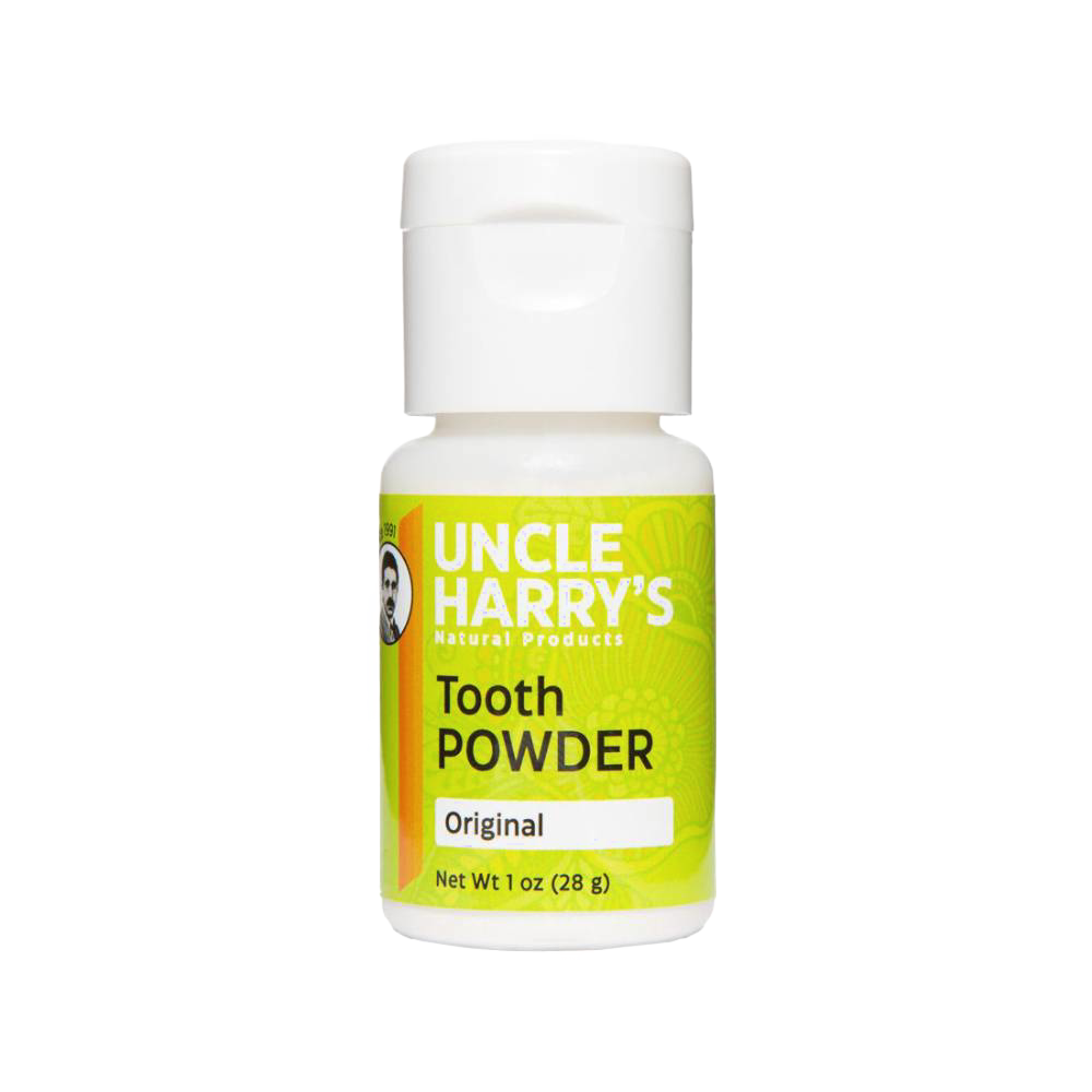 Small white plastic container of tooth powder with bright green label reading "Original," emphasizing natural ingredients for oral care, handcrafted and made in USA, featured in Health & Wellness, Health Remedies, Grooming and Personal Hygiene, USA Made, Best Sellers, and Promo Eligible collections.