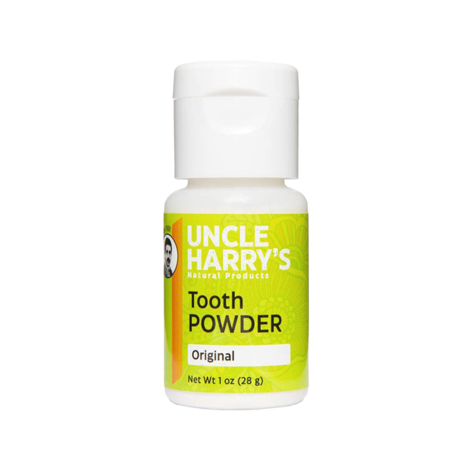 Small white plastic container of tooth powder with bright green label reading "Original," emphasizing natural ingredients for oral care, handcrafted and made in USA, featured in Health & Wellness, Health Remedies, Grooming and Personal Hygiene, USA Made, Best Sellers, and Promo Eligible collections.