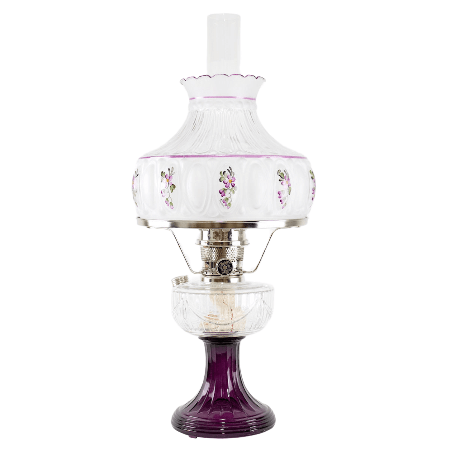 Handcrafted oil lamp with a purple Lincoln Drape glass base, decorated clear glass font and shade with delicate rose accents, polished brass burner, suitable for Farm, Garden & Tool, Lamps & Lighting, Oil Lamps, Table Lamps, Best Sellers, Homesteading, and Promo Eligible collections.