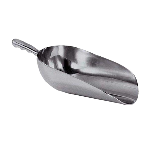 Heavy-duty cast aluminum grain scoop with contoured handle and smooth polished finish, ideal for farm tools, garden use, and featured among best sellers and promo eligible items.