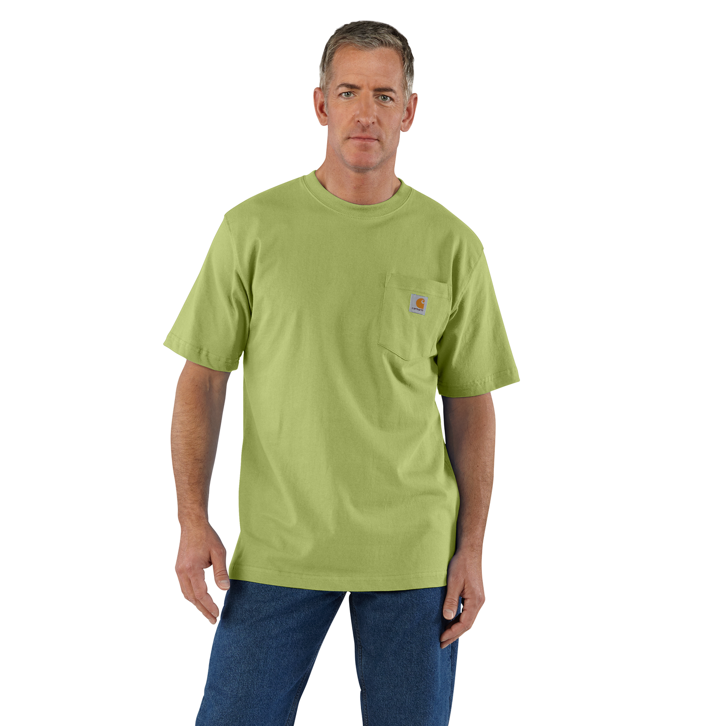 Man modeling a handcrafted, heavyweight green pocket t-shirt with rib-knit crewneck and loose fit, paired with jeans, suitable for Clothing and Accessories and Best Sellers collections.