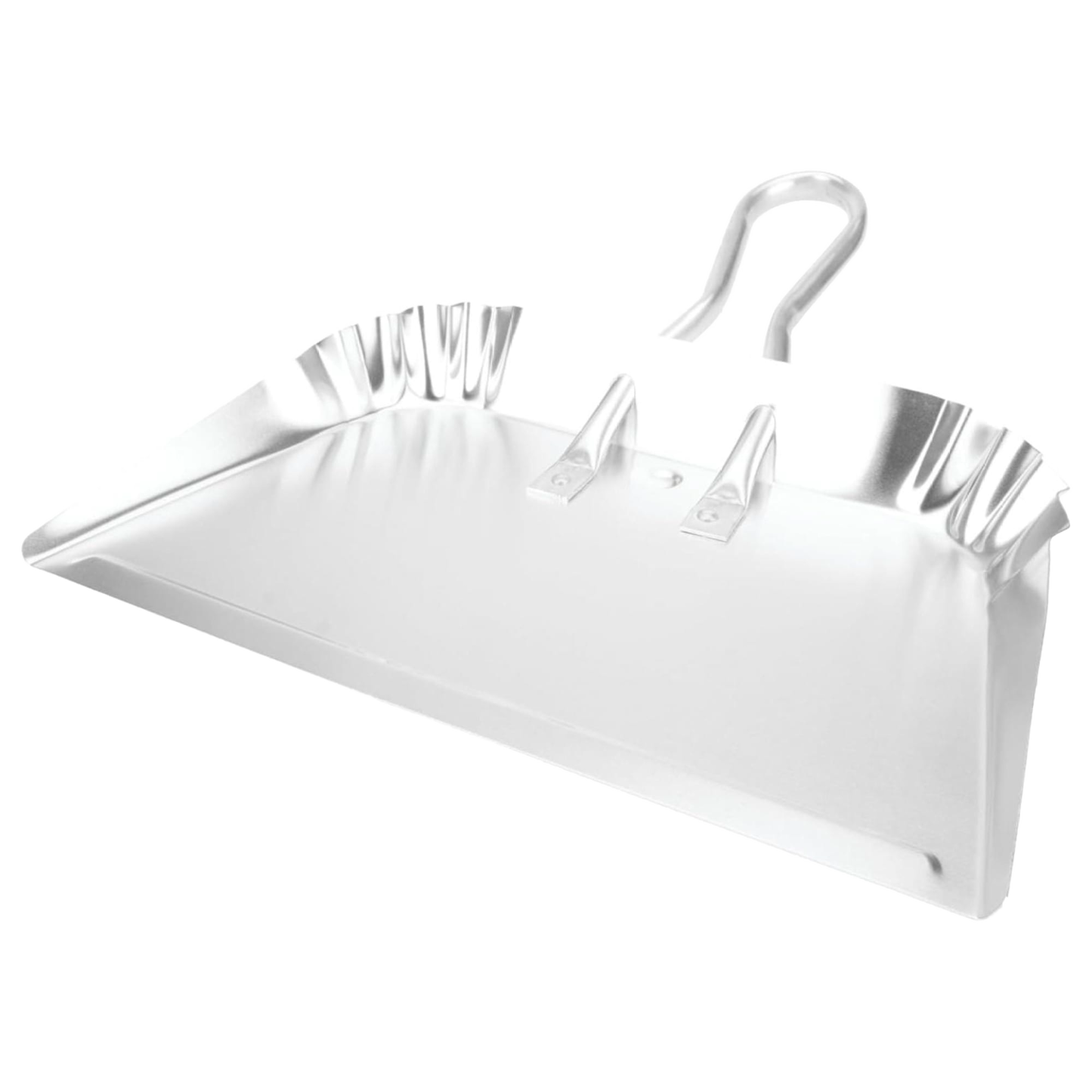 Lightweight rustproof aluminum dustpan with reinforced edges, built-in dimples to stay flat, and hanging loops secured by oversized rivets, ideal for Home & Decor and Household Cleaning collections.
