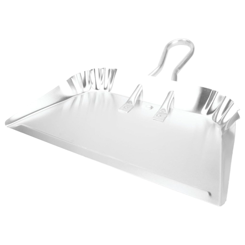 Lightweight rustproof aluminum dustpan with reinforced edges, built-in dimples to stay flat, and hanging loops secured by oversized rivets, ideal for Home & Decor and Household Cleaning collections.